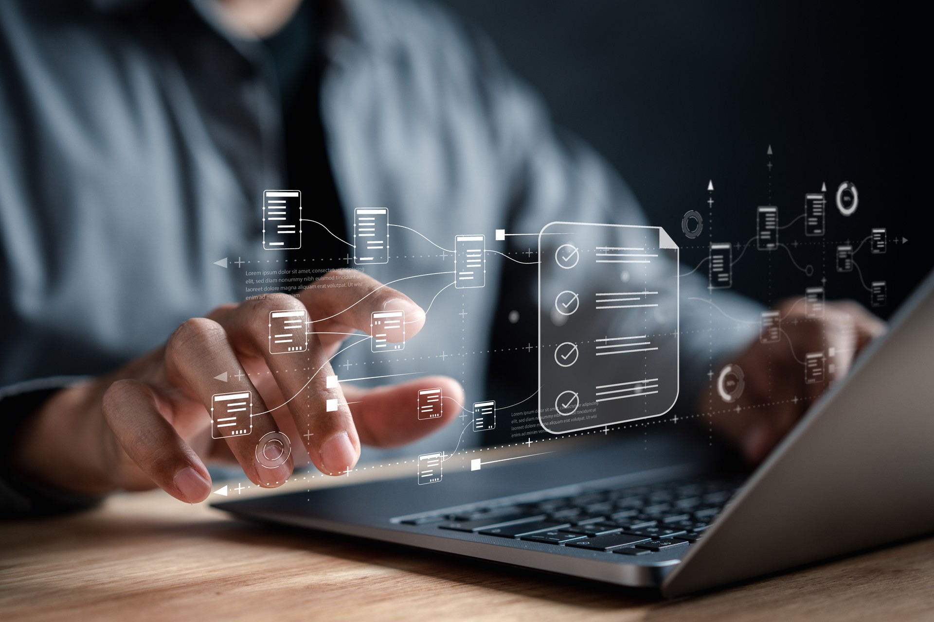 Data analysis of document ai artificial intelligence process with technology processor to planning business information data, tech, network corporate concept.